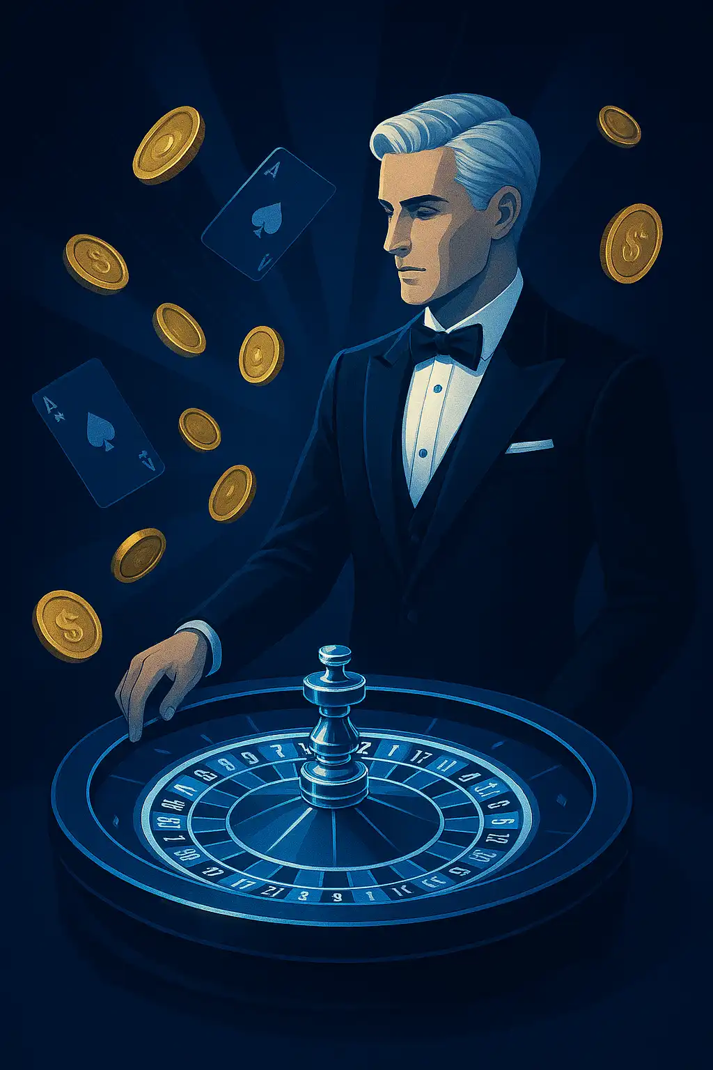 Illustration of a croupier at a roulette table representing the SpinLoots Casino experience