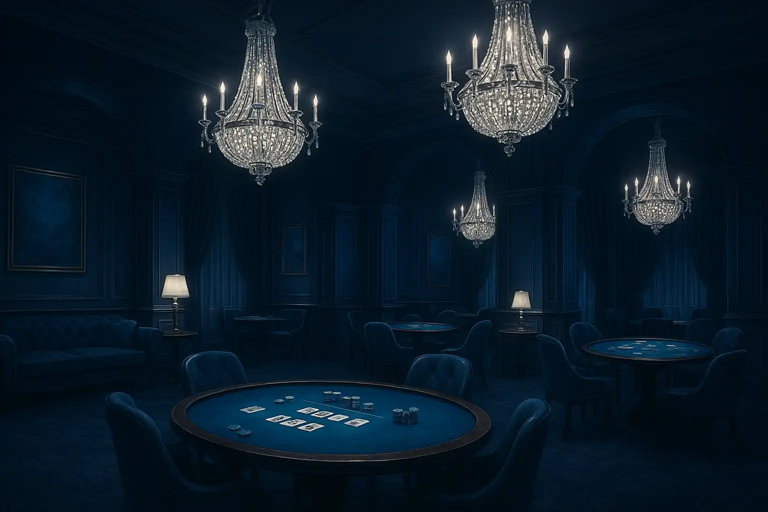 Elegante interno di una lounge da casinò blu navy e zaffiro con lampadari argentati