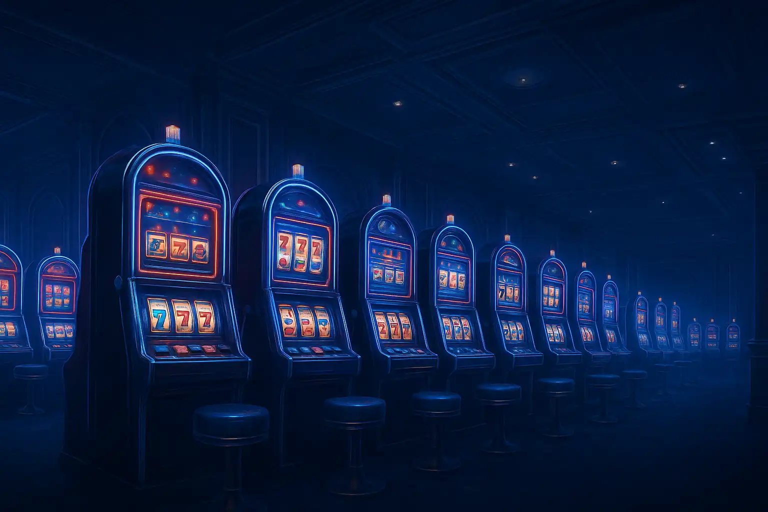Fila di slot machine luminose all'interno di una sala casinò blu navy e zaffiro